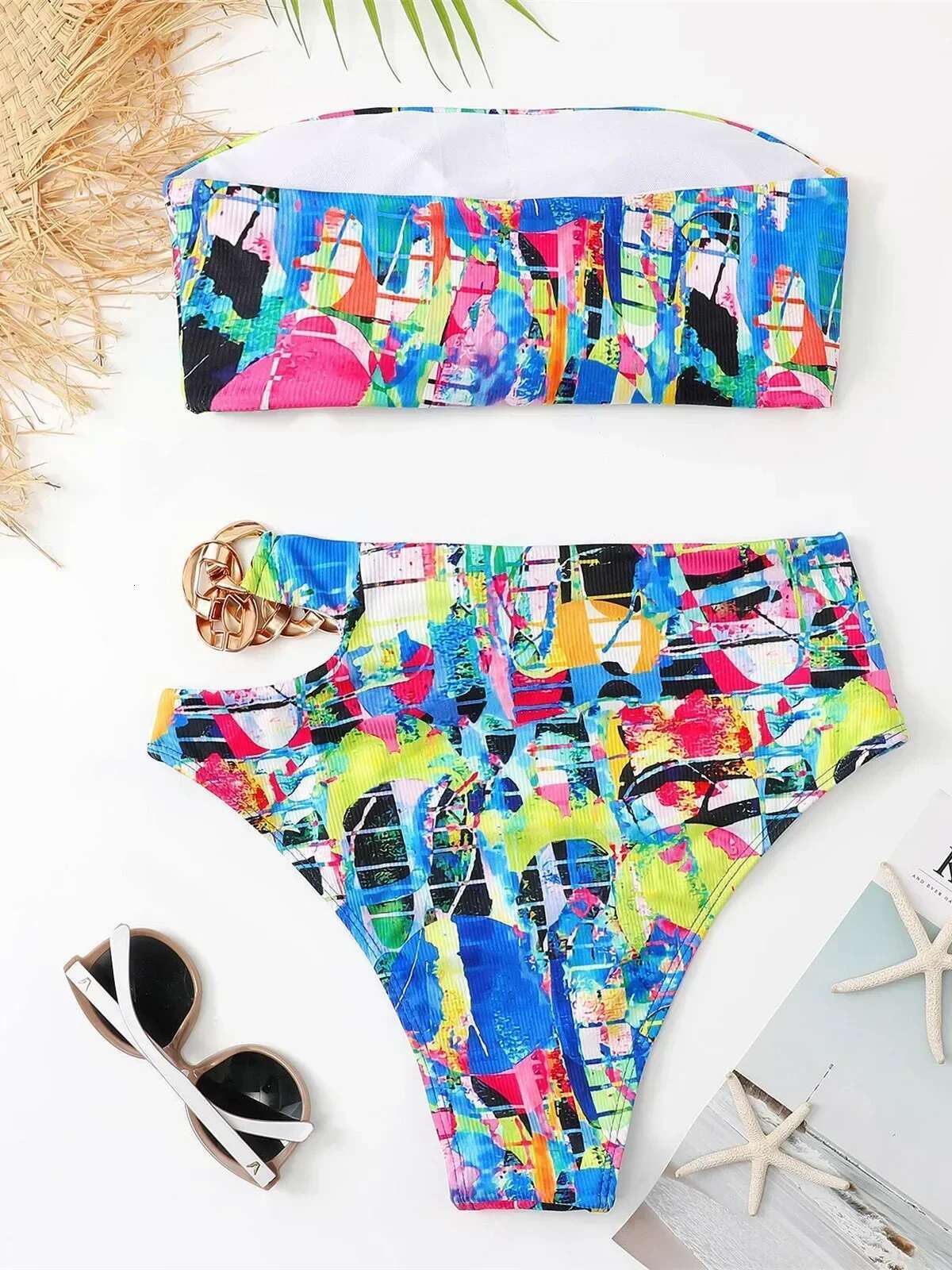 Dongdumaoyi Bandeau Bikini Women Sexy White Black Cut Out Metal High Waist Swimsuit Female Off Shoulder Bathing Suit Swimwear Beachwear