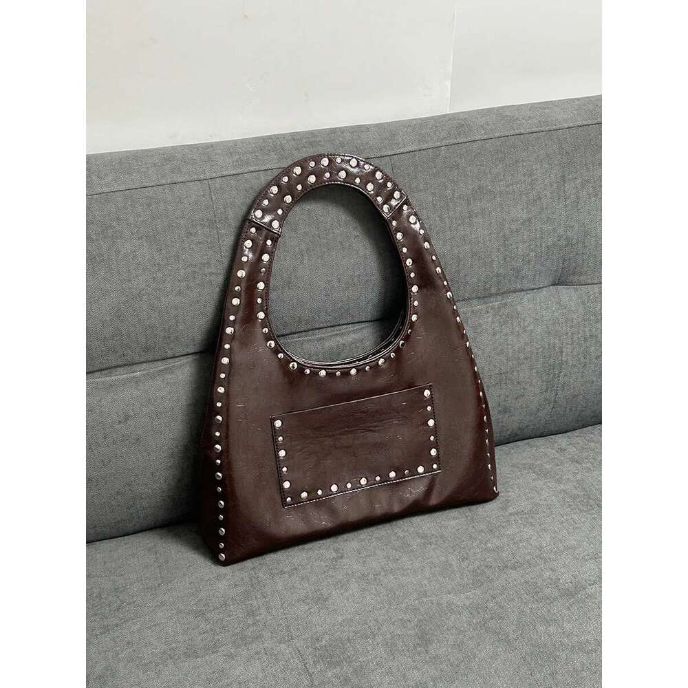 new retro 24 rivet decorative shoulder bag European and American motorcycle wind oil wax leather armpit handbag for women