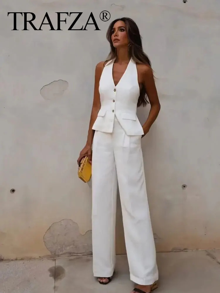 TRAFZA Women Fashion Solid Pant Suit Holder Single Breasted Sleeveless Blazer Vest Top Zipper Fly Trousers Office Lady Sets 250313