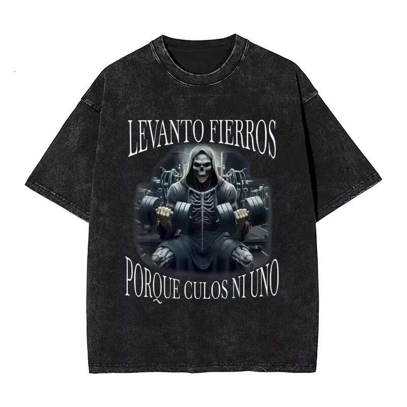 CREATINA Funny Skeleton Gym Washed T-Shirt Humorous Skull Vintage Tee Fiess Exercise Halloween Costume