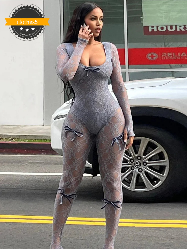 Kliou Lace Bow Jumpsuits Women Solid Sexy Coquette Full Sleeve Square Neck See Through Slim Overalls Female Midnight Attirewear