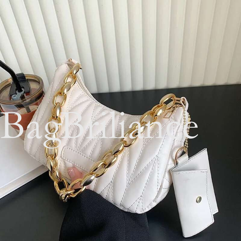 Quilted Ruched Crescent Fashion Chain Shoulder Bag, Women's Handbag with Coin Purse for Summer