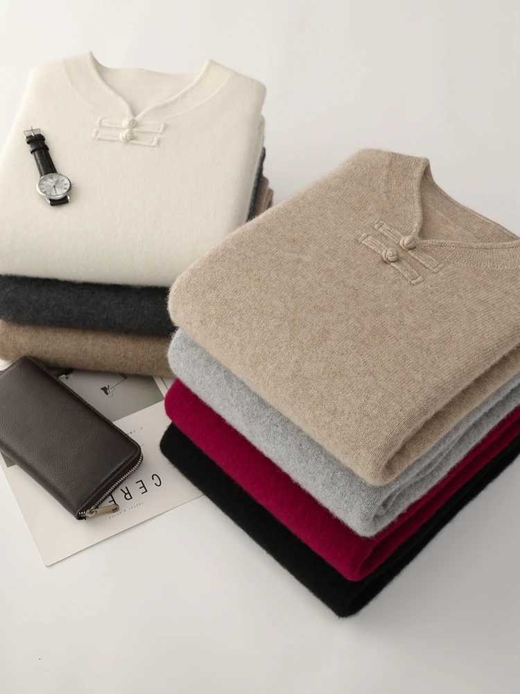 New Men 100 Merino Wool Sweater Long Sleeves Stand-up Collar Pullover Cashmere Soft Disk Buckle Clothing Warm Leisure Mens TopXJ251107