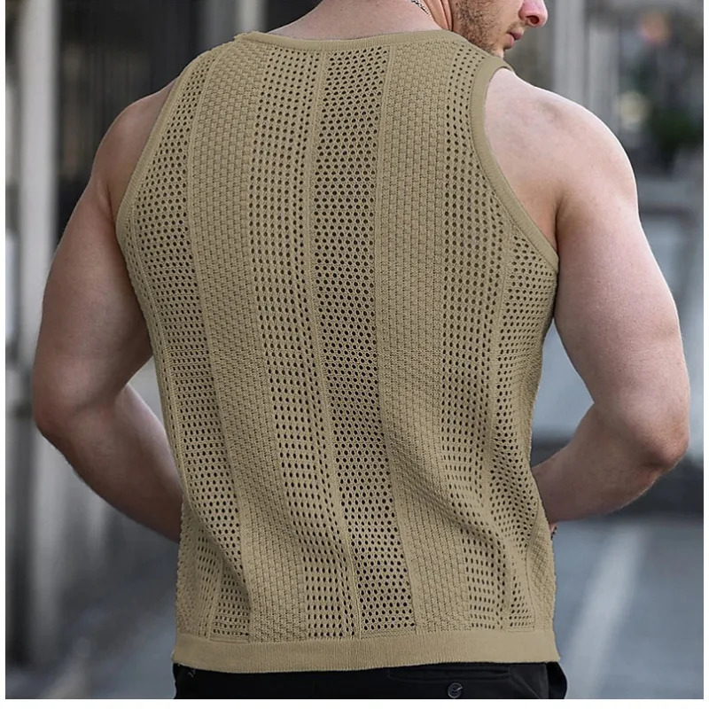 American style mens solid hollow O-neck casual vest street clothing selling sleeveless vest 250403
