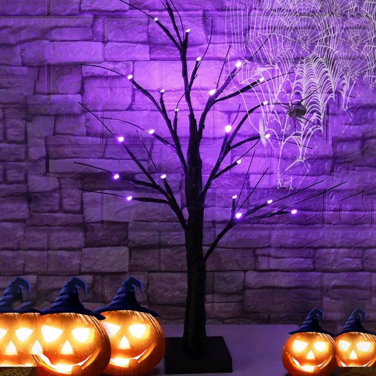 1pc 24 LED Orange And Purple Lighted Halloween Artificial Birch Tree Light DIY Black Branches Lights Tabletop Halloween Spooky W251107