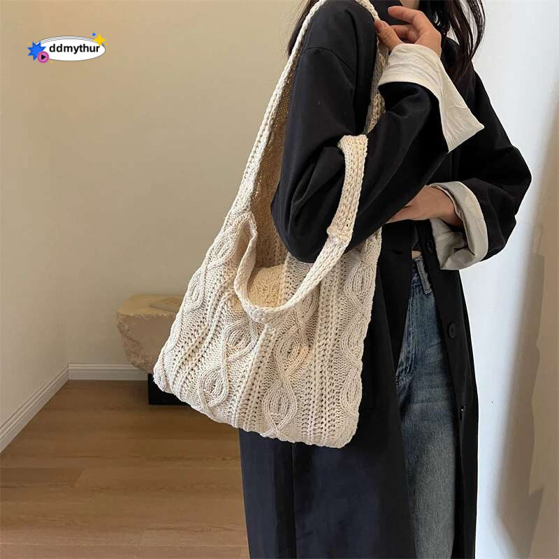 Wool Knitted Shoulder Shopping for Women Vintage Cotton Cloth Girls Tote Shopper Large Female Handbag Crochet Bag ddmythur