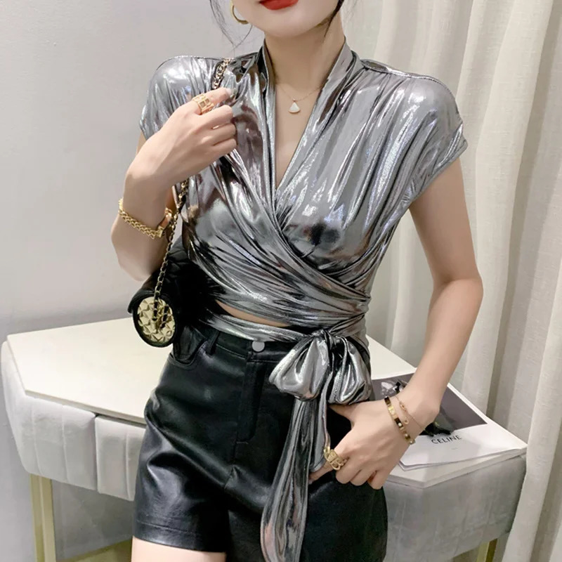 Streetwear gold silver green shiny short sleeved shirts womens sexy irregularly packaged bandages summer tops 250407