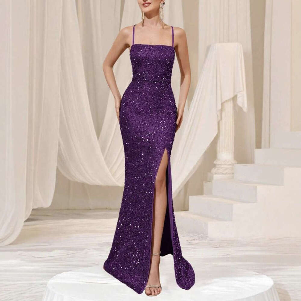 New Cross-Border Trade Women's High-Waisted Sexy Sequin Split Bridesmaid Dress Strap Evening Gown