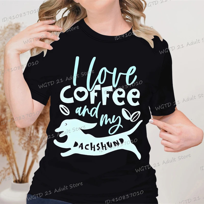 I like coffee and my sausage printed womens Tshirt Fashionable summer Oneck Harajuku top Casual fun 250407