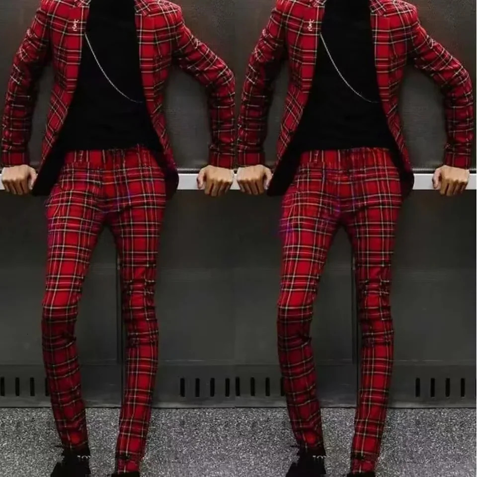 Ultra slim fit mens elegant mens single hole lapel red checkered ball party 2-piece jacket pants mens suit 250402