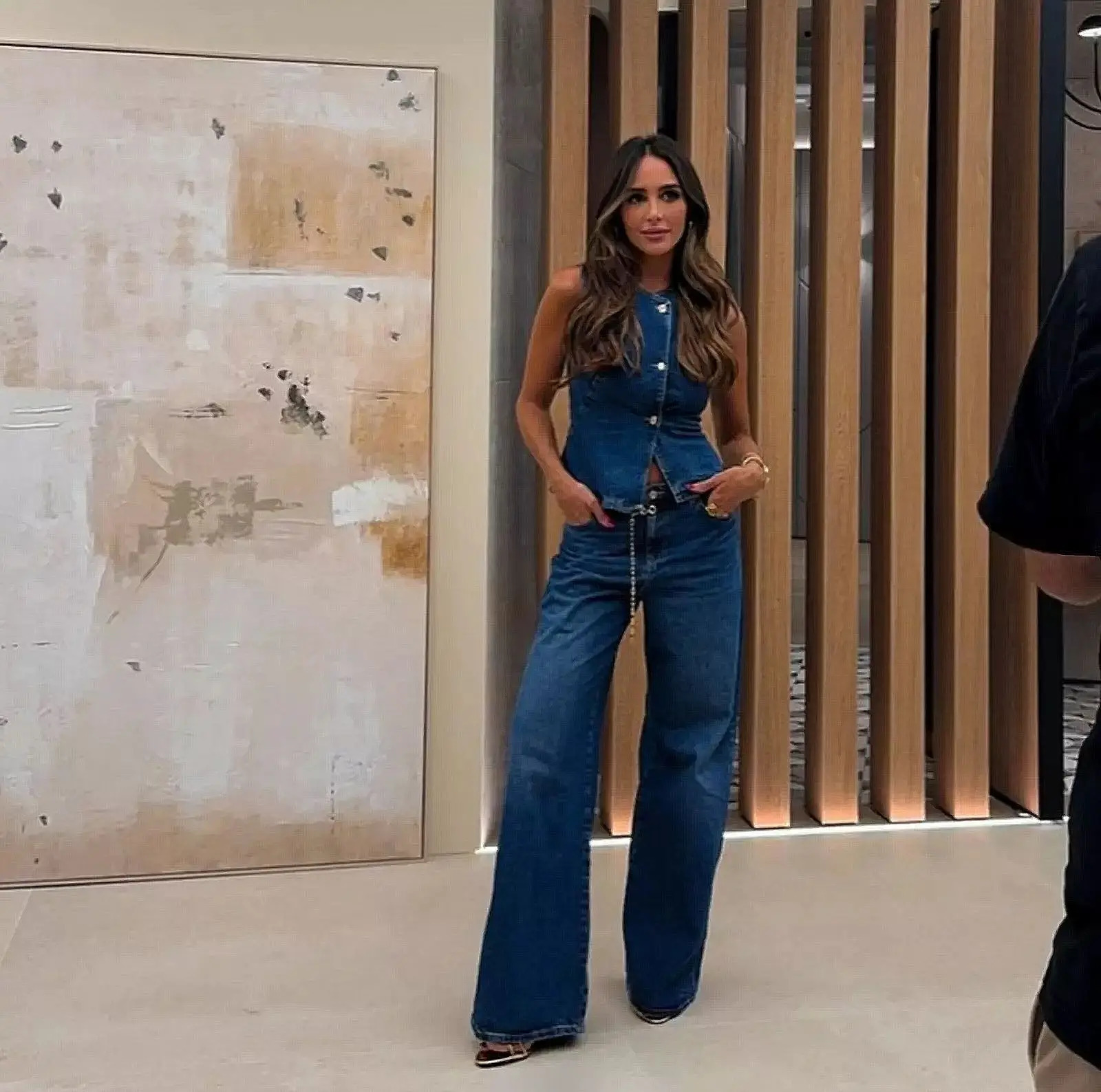 womens 2piece fashionable single chest sleeveless slim fit vest denim wide leg pants set casual and knitted 250407