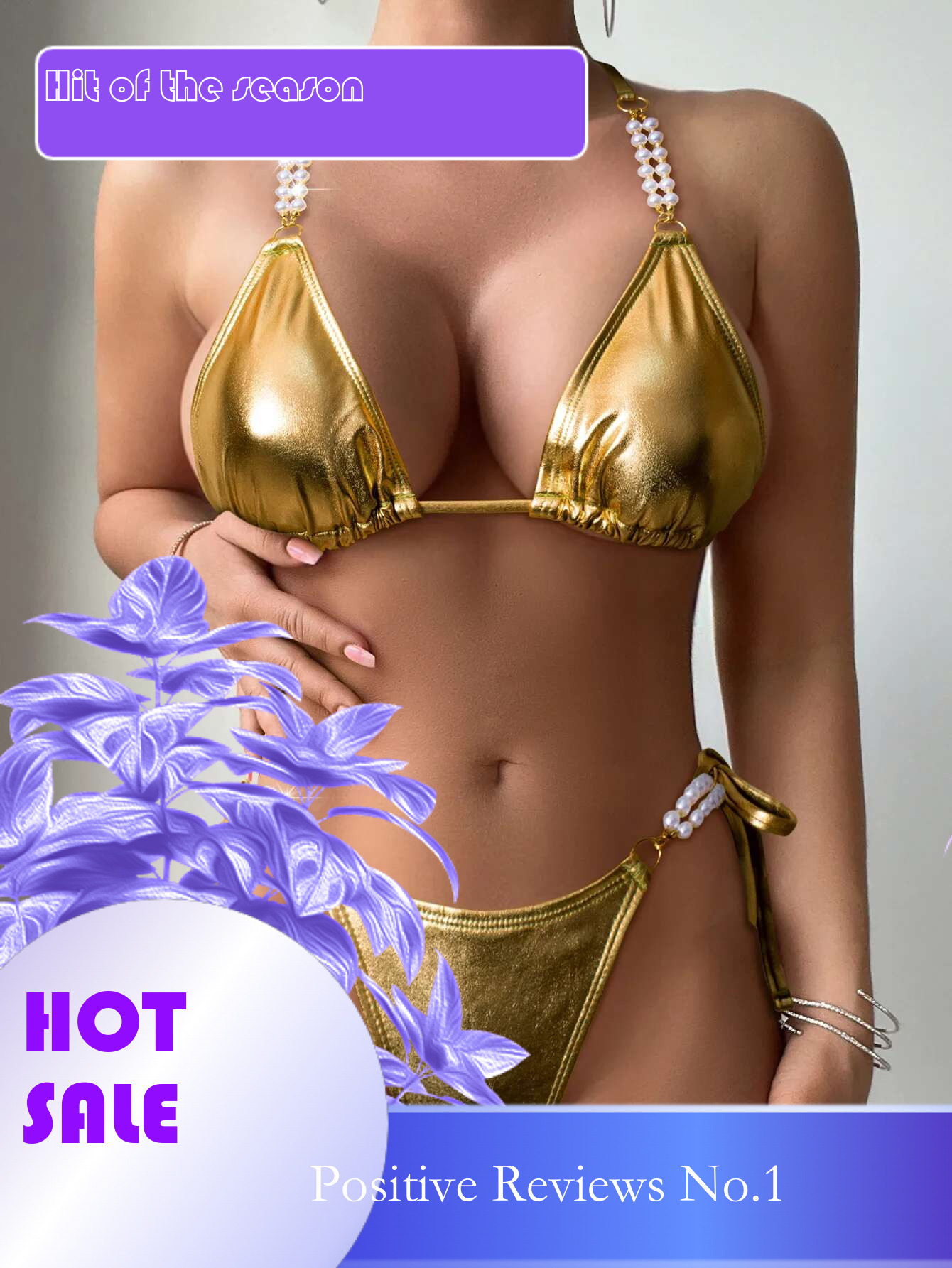 Dongdumaoyi Shiny Gold Bikini Set Women Sexy Pearls Strap PU Leather Push Up Micro Swimsuit Luxury Bathing Suit Tie Side Thong Swimwear