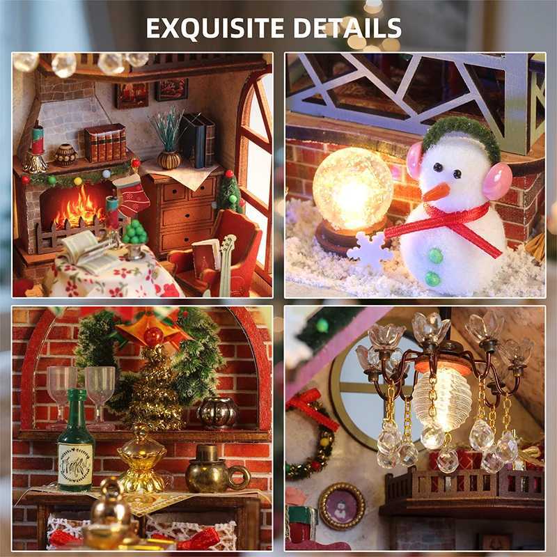 DIY Wooden Doll House Warm Christmas Lodge Casa Figurines Miniatures Assembled Dollhouse With Lights for Friends Christmas Gifts K251106