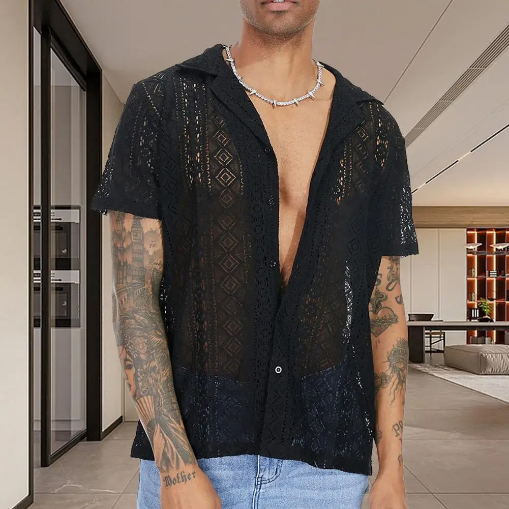 Summer Men Shirt Solid Color Hollow Out Lapel Short Sleeves Single-breasted Men Top Loose Mid-length Lace Male T-shirt 250407