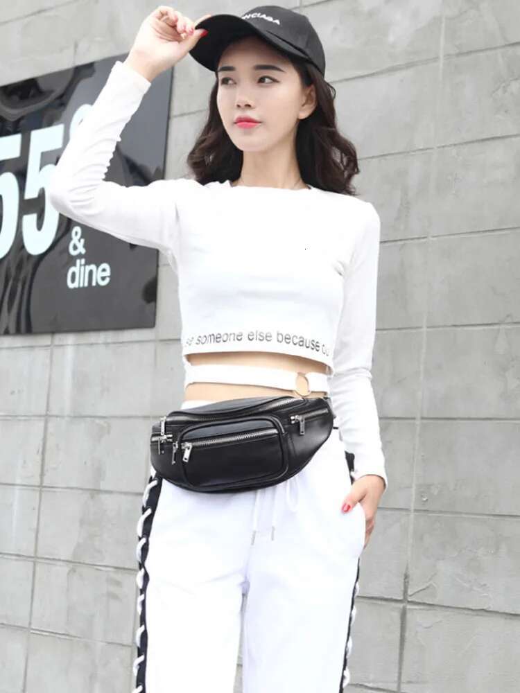 High Street Women Genuine Chest Casual Multi Pocket Waist Bags Fashion Cow Leather Sheepskin Chain Shoulder Bag Flap