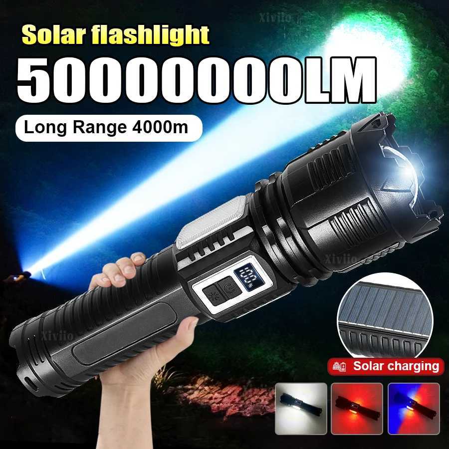 NEWEST SolarType c Rechargeable Flashlight 5000000LM Super Bright LED Flashloght Zoom Long Range 4km Torch Powerful Cob LantrenW251106