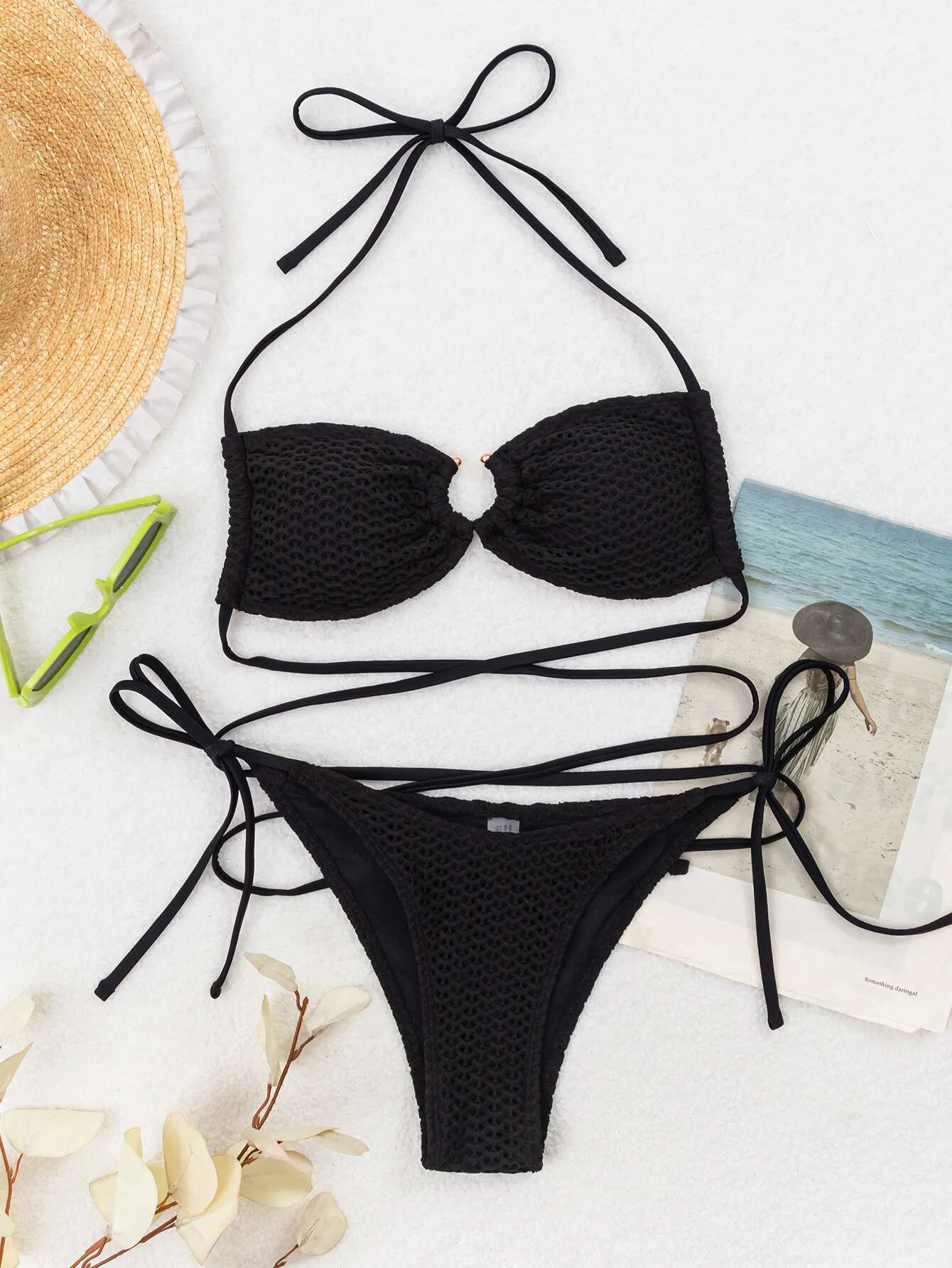 Dongdumaoyi Luxury Black Bikini Braid String Hollow Out Bandage Cross Swimwear Mesh Beach Bathing Suit Tie Side Thong Swimsuit Biquini