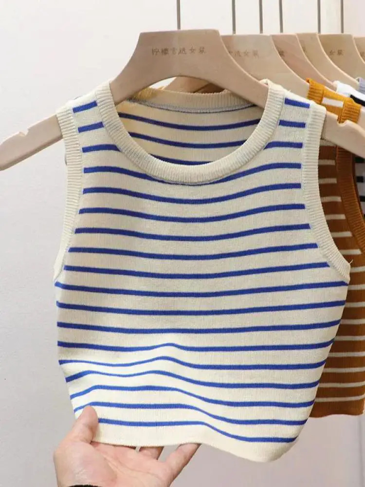 Summer Spring Striped Vest Womens Sleeveless Knitted Tshirt Crop Top Elastic Ultra Thin Casual Zipper 250407