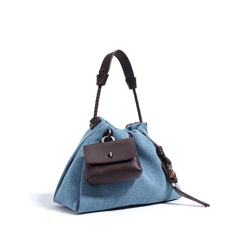 New Denim Handbag With Small Genuine Leather Niche Brand Drawstring Design High-End Fashion Simple Shoulder Messenger Bag