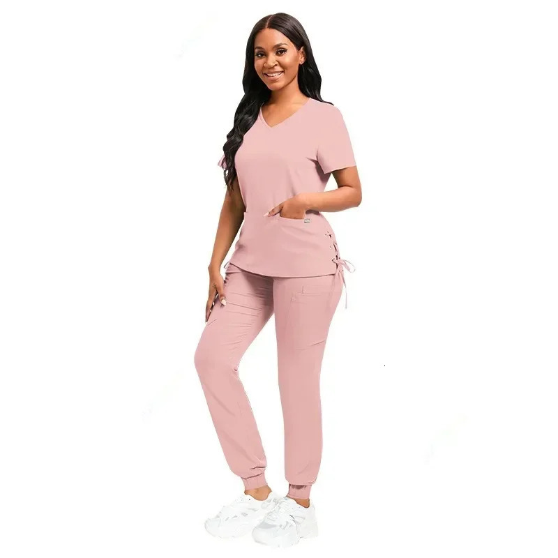 High Quality Pink Navy Blue Red Black Spa Salon Dental Aesthetic Scrubs Beauty Nurse Women Work Uniform Set 250402