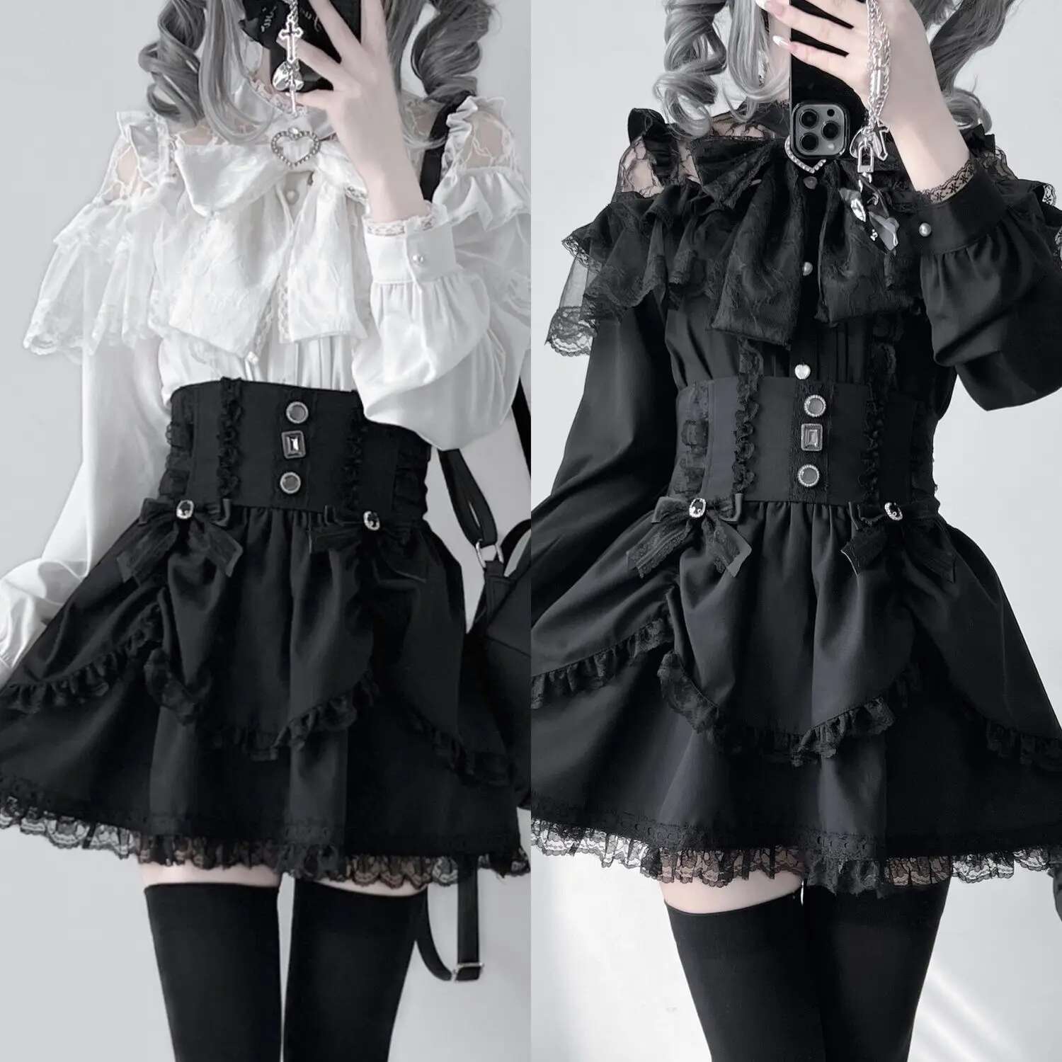 Japanese Mine Lolita Bow Shirt Subcultural Shirts Female Cute Black And White Lace Long-Sleeved Short-Sleeved Blouse Women