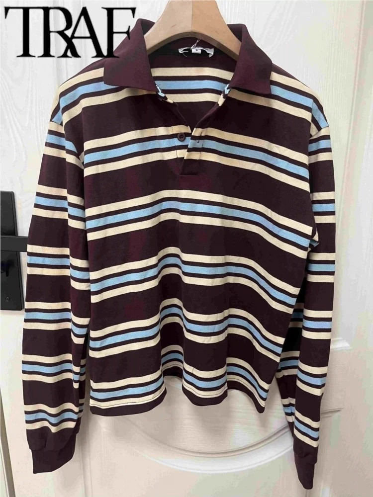 TRAF ROBE Y2K Womens Casual Tshirt Summer Short Sleeve Striped Printed Polo Neck Loose Thin Top Zipper 250407