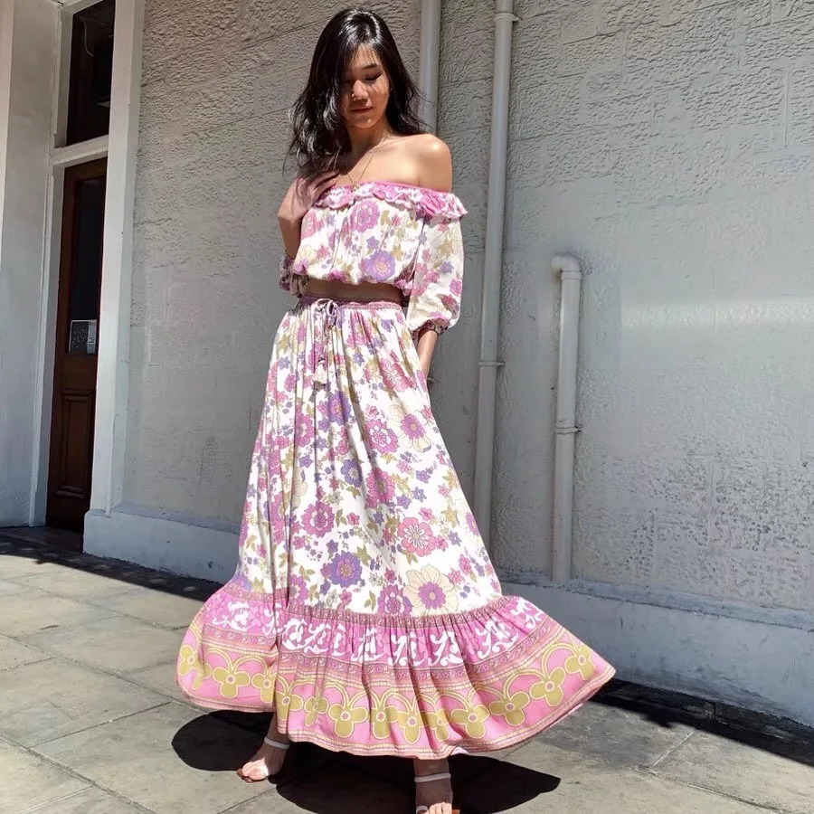 Bohemian Ruffle Elastic Collar Flower Printed Pullover Shirt Womens High Waist Long Skirt Pink Holiday 2piece Set 250313