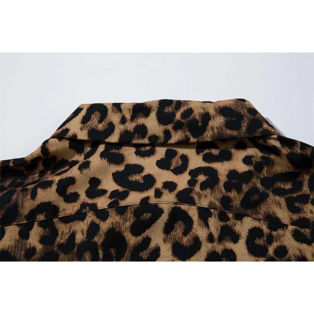 Leopard Print Short Sleeve Cotton Tee Mens Summer High Street Loose Lapel Single Breasted Half-Sleeve Tshirt Men