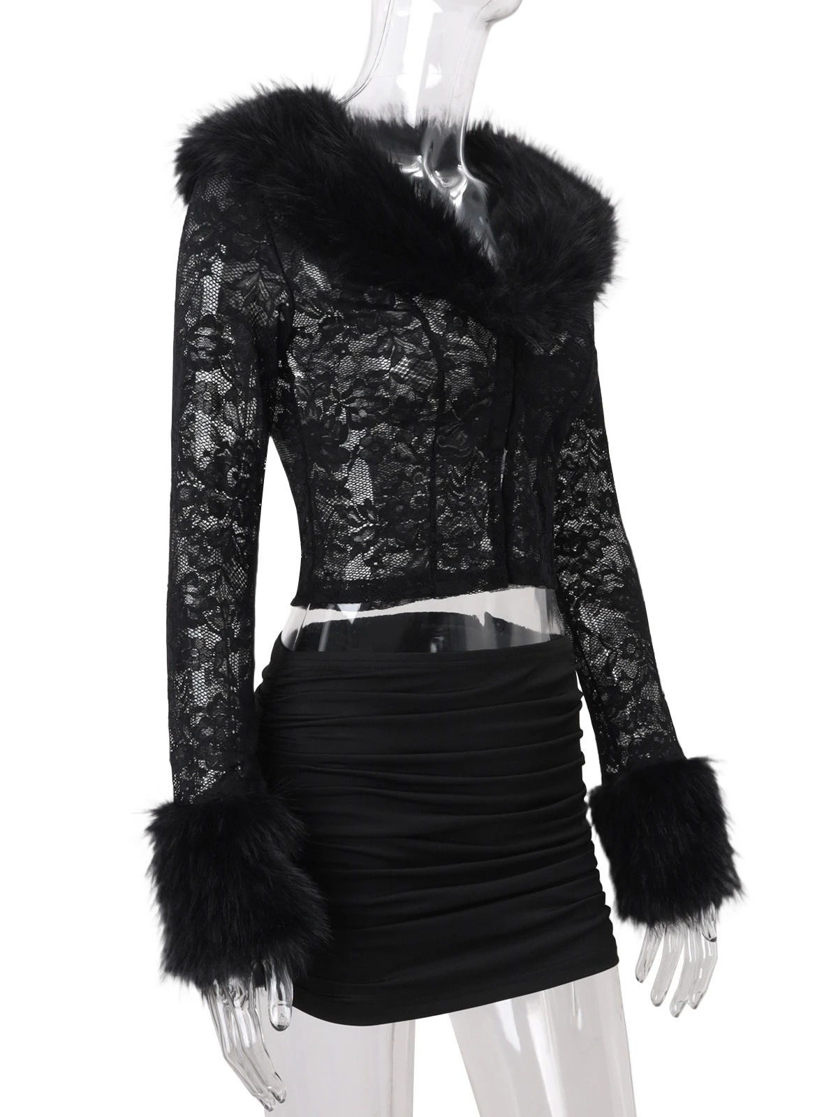 SsTss Womans 2 Pieces Set Elegant Faux Fur Patchwork V Neck Long Sleeve Floral Lace Crop Top and Mini Pencil Skirt Suits Outfit 251104