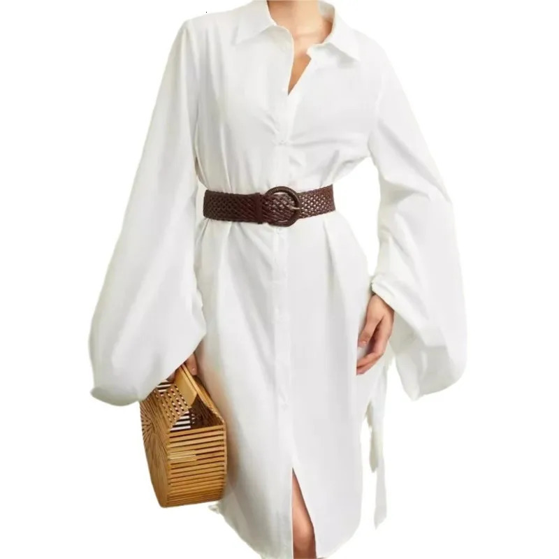 Womens fashionable Vneck solid color long sleeved dress womens loose short 250407