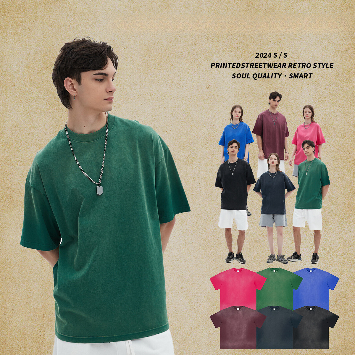 Large Wear | 2025 Spring/Summer New Product Spray Ma Liu Make Old Wash Water Men's T-shirt Street Trendy Short Sleeve Men