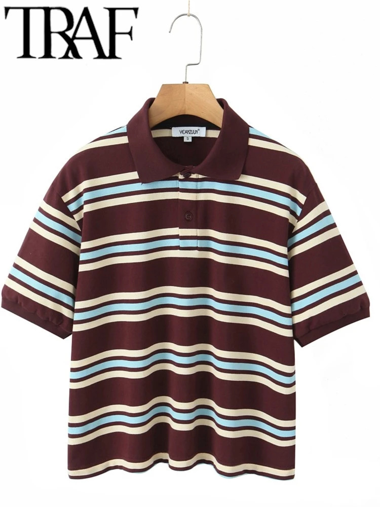 TRAF ROBE Y2K Womens Casual Tshirt Summer Short Sleeve Striped Printed Polo Neck Loose Thin Top Zipper 250407