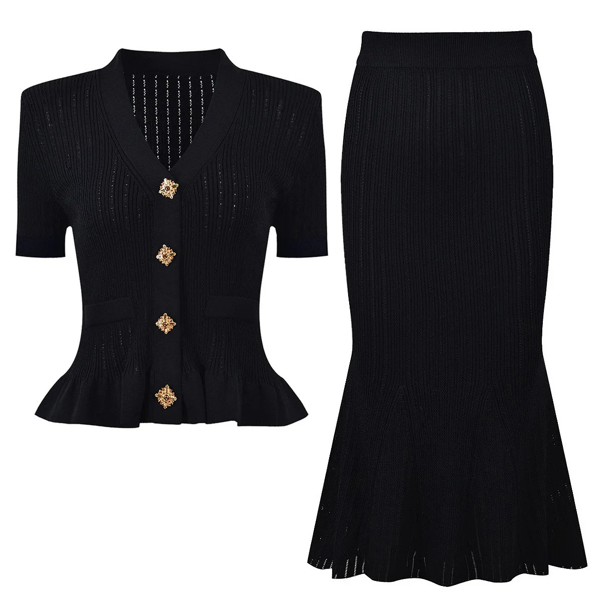 Quality Crytal Summer Knitted Two Piece Set Women Short Sleeve Knitting Cardigan Fishtail Long Skirt Suit 2pcs Outfit Knitwear 251106