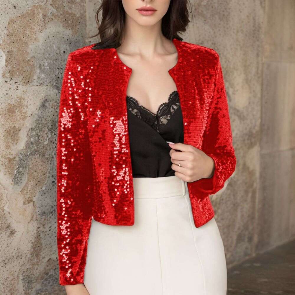 2025 Spring Cross-Border Hot-Selling Round Neck Long Sleeve Solid Color Cardigan Casual Versatile Sequin Jacket for Women