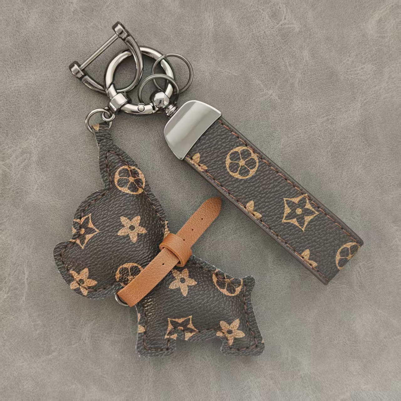Luxury Bulldog Charm with Vintage Monogram Cute Key Ring Bag Accessory Wholesale