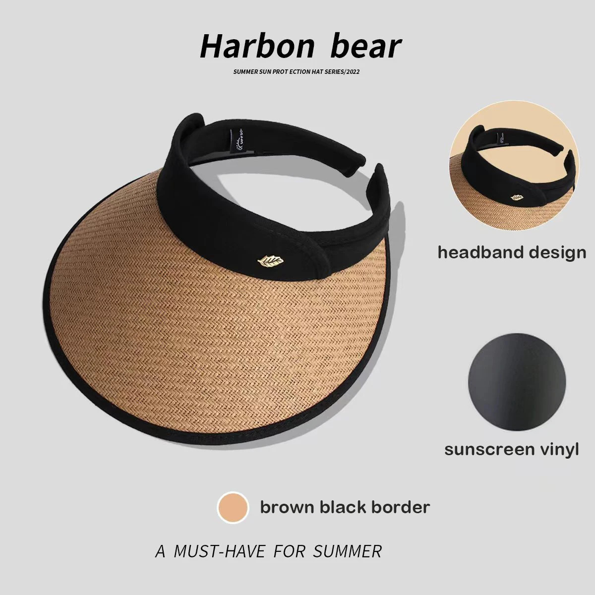 Womens Hat Summer Sun Empty Top Korean Edition Headband Black Rubber Beach Sunshine Screen Panama UTHAI S87 250326