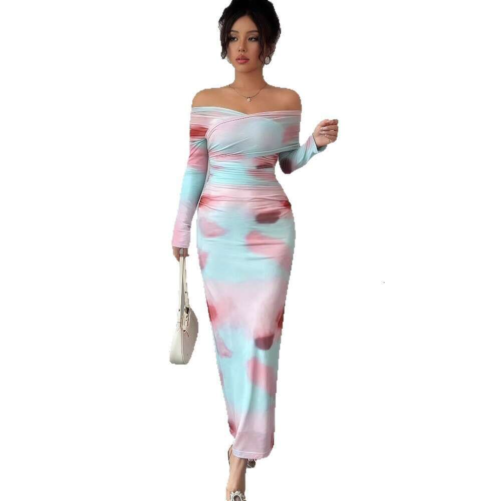 2025 Early Autumn New Sleeve Printed Off-Shoulder Slim Fit Elegant Long Dress for Women