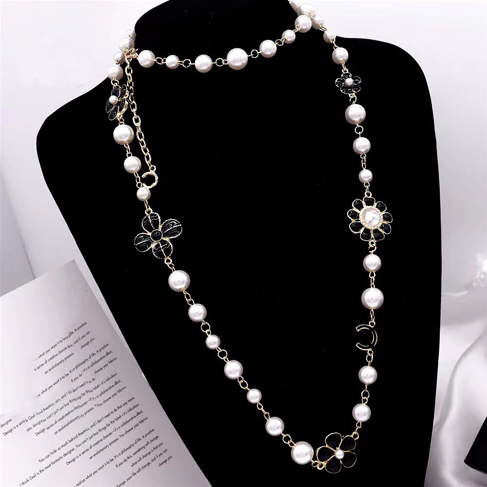 Fashion Letter Necklace Brand Pearl Flower Pendant Designer Women Long Chain Party Wedding Gift 18K Gold Plated Jewelry