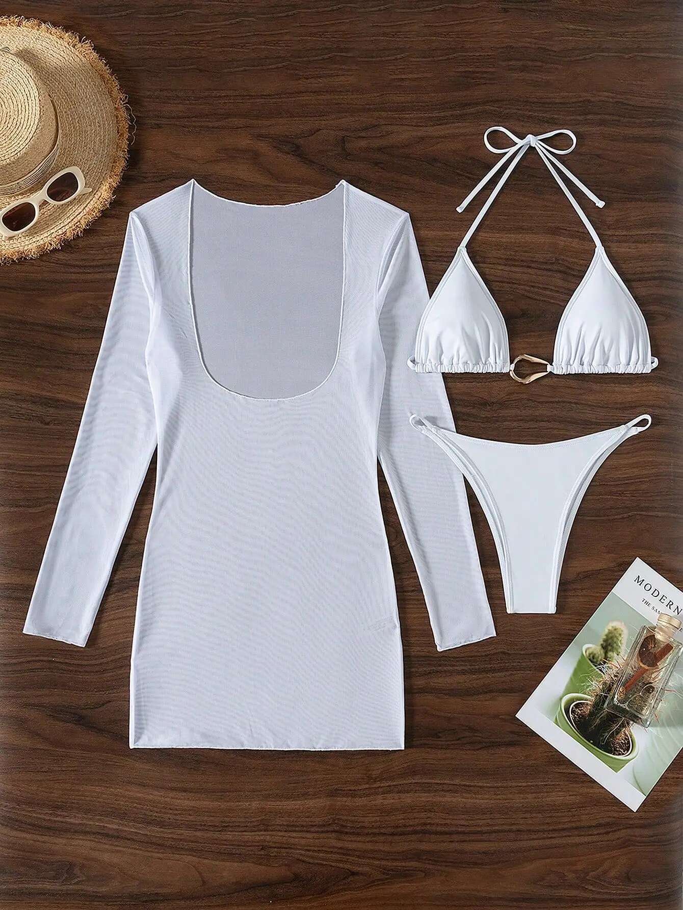Dongdumaoyi Sexy White Dress Piece Bikini Set Women Long Sleeve Mesh Cover Up Holiday Swimwear Summer Bathing Suit Thong Swimsuit