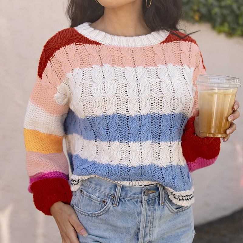 Women's color-block striped top, round-neck long-sleeve sweater, casual street chic, popular in autumn and winter, versatile for outings, women&#