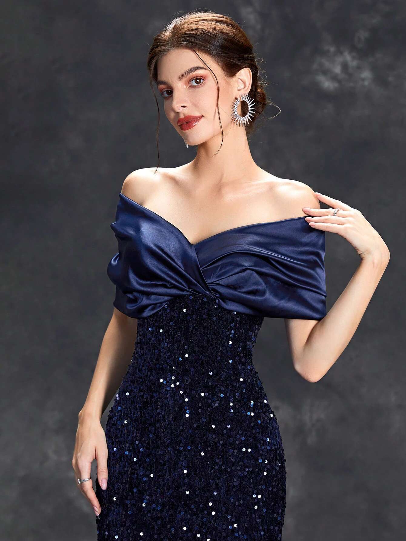 Mgiacy E Neck Pleated Tint Sequin Veet Fishtail Dress Evening Gown Ball Party Bridesmaid Dress
