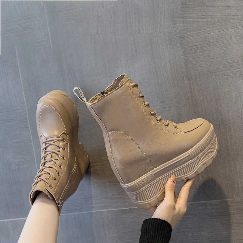 Fujin 10cm 12cm Women Casual PU Leather Woman Platform Wedge Ankle Boots Spring Autumn Shoes Chunky Sneakers Winter Plush Shoes 250402