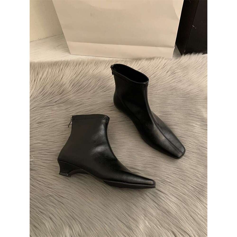 Korean Version Old Money Style Minimalist Small Square Toe Short Free shipping Ankle Autumn Winter New Wedge Chelsea Slim Boots Women