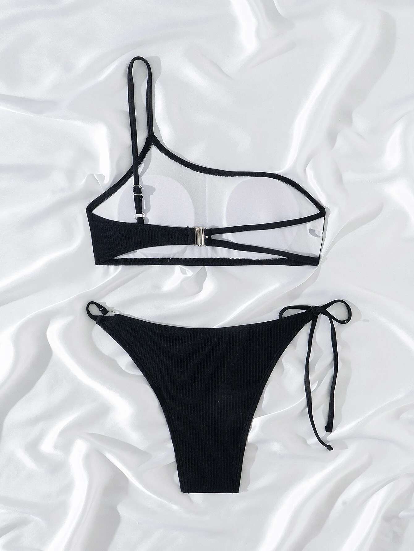 Dongdumaoyi Sexy One Shoulder Bikini Set Women Black Ribbed Push Up Hollow Out Bandage Thong Swimsuit Beach Bathing Suit Micro Swimwear