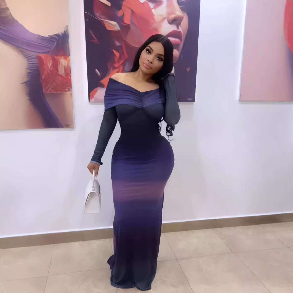 2025 Autumn New Long Sleeve Ruched Off-Shoulder Gradient Slim Dress for Women