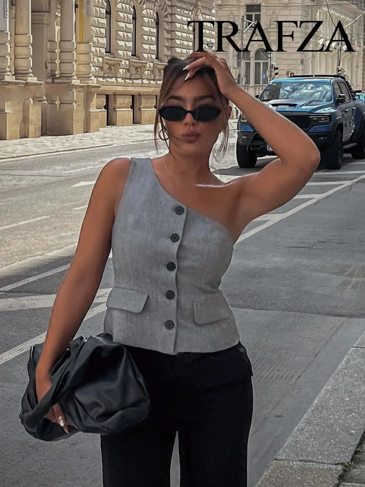 TRAFZA Fashion Female Asymmetrical Sleeveless Sets Vest Summer Casual Women Short Tank Tops Solid Mid Waist Vintage Pants 250313