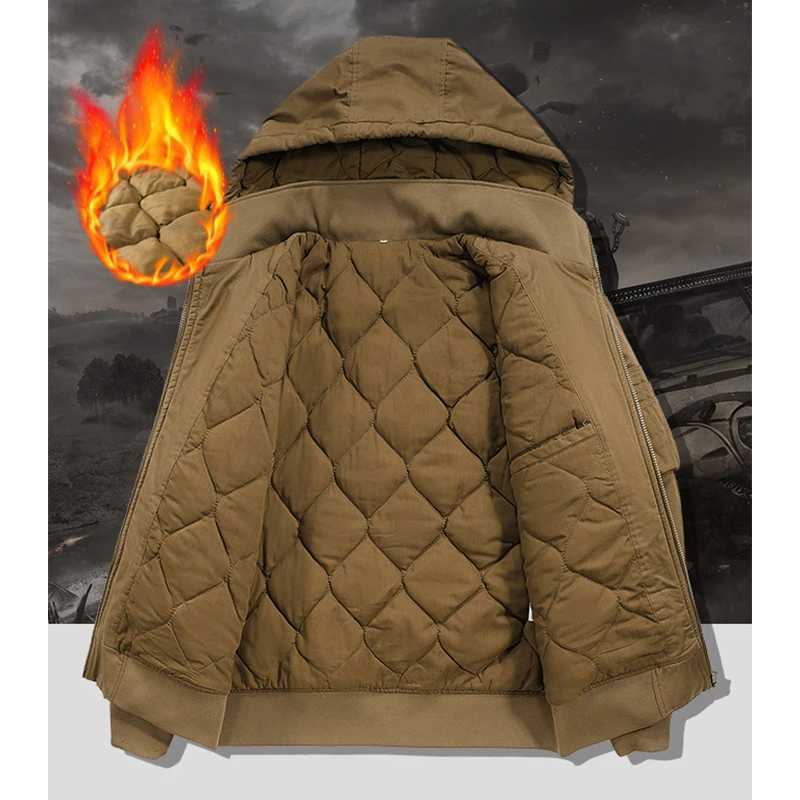 Winter New Men Cotton Jacket Men Warm Thick Windproof Coat Outdoor Pockets Tactical Zip Parkas Detachable Hat Bomber Jacket MaleT251107