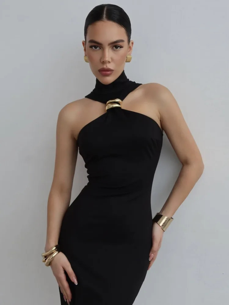 Mozision Turtleneck Shoulder Sexy Maxi Dress Womens Summer Dress Ring Metal Backless Strapless Knitted Long Dress 250402
