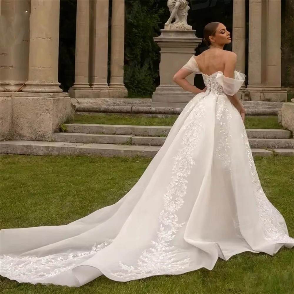 Classic A Line Women Wedding Dress Sweetheart Neck Off Shoulder Bridal Gowns Sequins Appliques Detachable Train Dress Custom Made