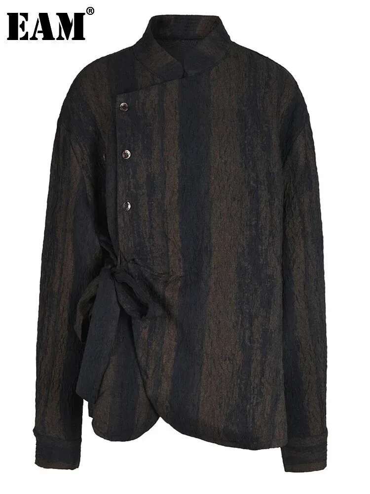 EAM Brown Striped Bandage Big Size Blouse Women New Lapel Long Sleeve Loose Fit Shirt Fashion Tide Spring Autumn 2025 Cpg0933